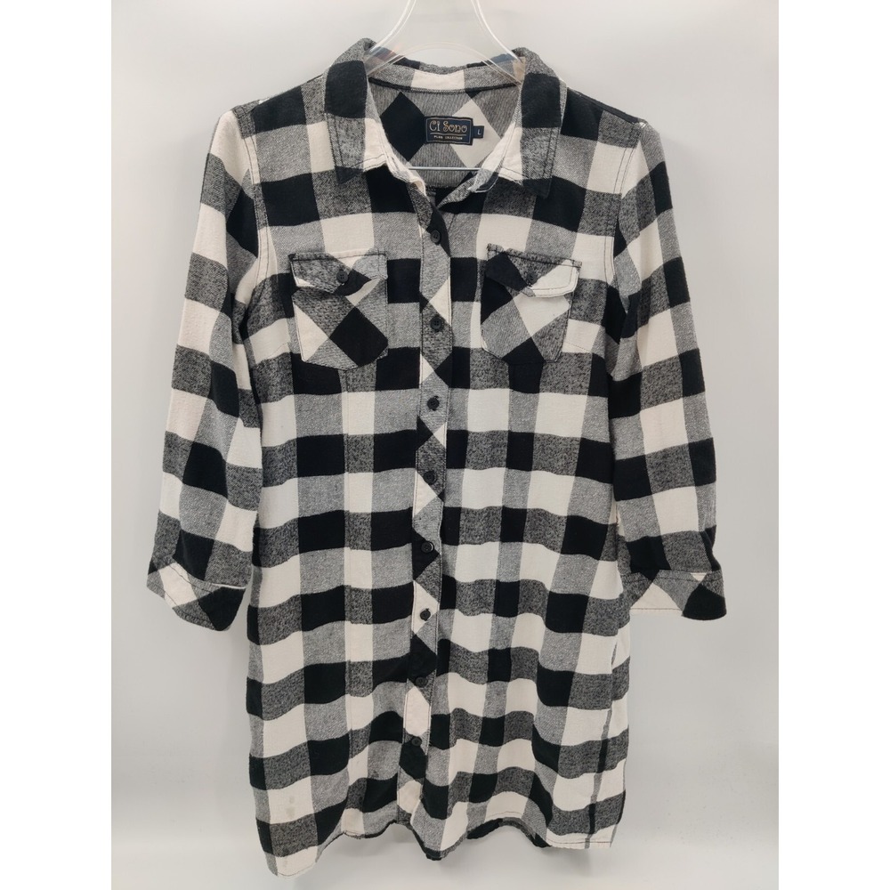 Ci Sono Plaid Collection Black White Buffalo Check Shirt Dress Tunic Large